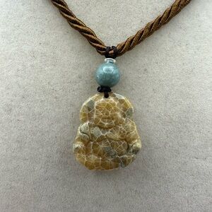 Coral Fossil Buddha Pendant Necklace Sterling Silver and Jade Accent Beads